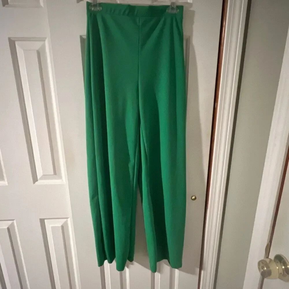 21 Saints Women's Green High Waist Stretch Pull-On Wide Leg Trouser Pants Medium